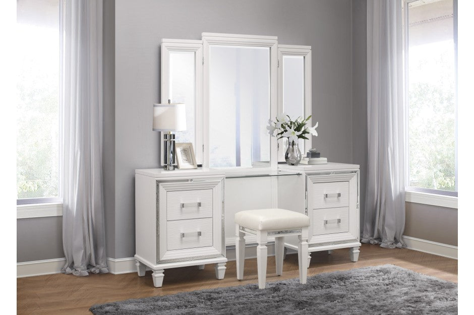 Collection de rangements Jasmina pour chambre à coucher avec éclairage LED, disponible en blanc ou gris.