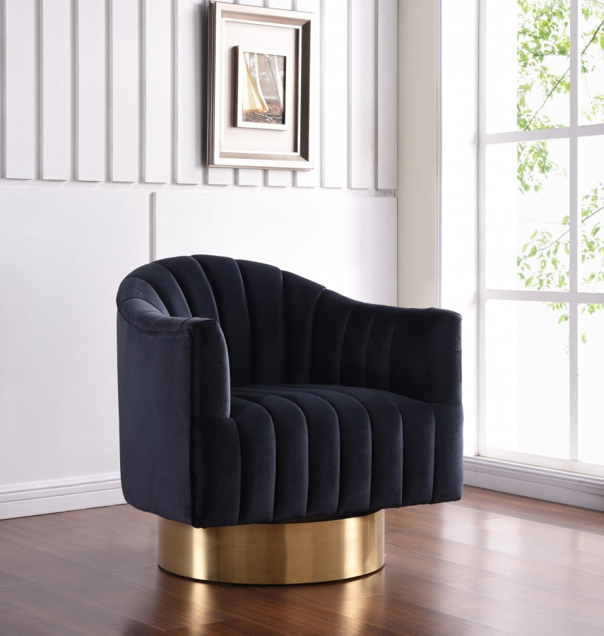 Fauteuil pivotant Faris en velours avec base dorée, disponible en 5 coloris.