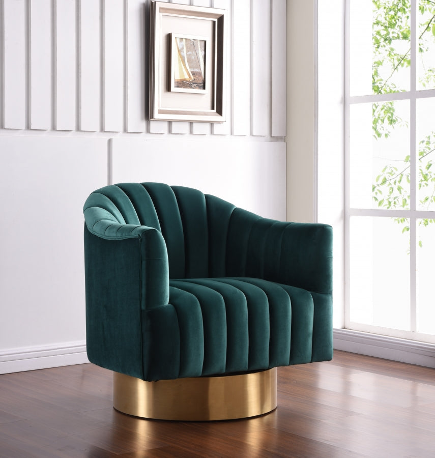 Fauteuil pivotant Faris en velours avec base dorée, disponible en 5 coloris.