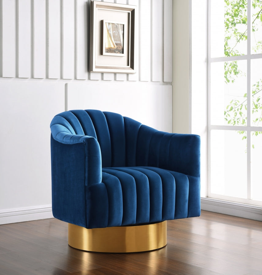Fauteuil pivotant Faris en velours avec base dorée, disponible en 5 coloris.
