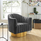 Fauteuil pivotant Faris en velours avec base dorée, disponible en 5 coloris.