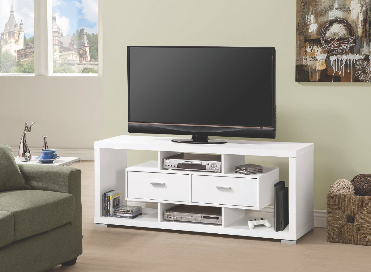Meuble TV contemporain avec tiroirs de rangement, coloris cappuccino ou blanc