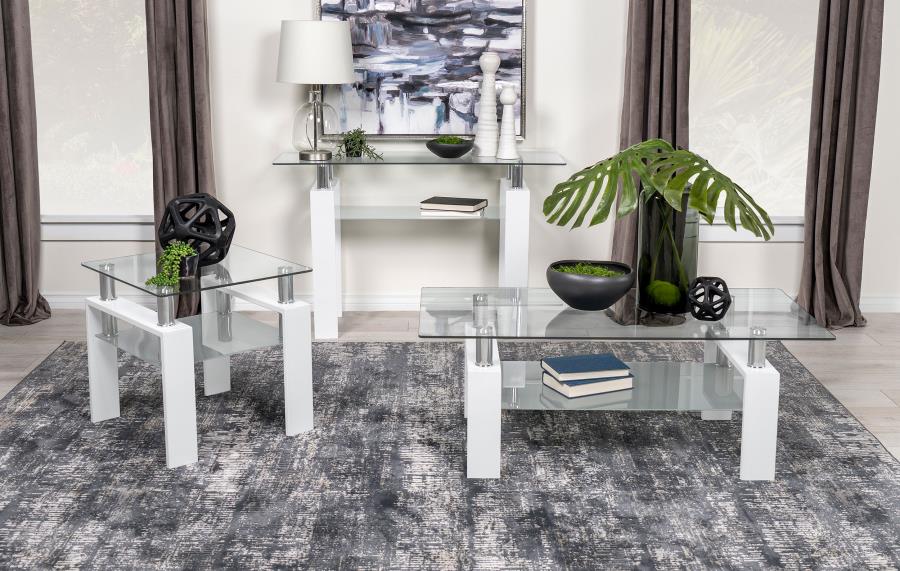 Collection de tables d'appoint flottantes en verre, disponible en 2 coloris.