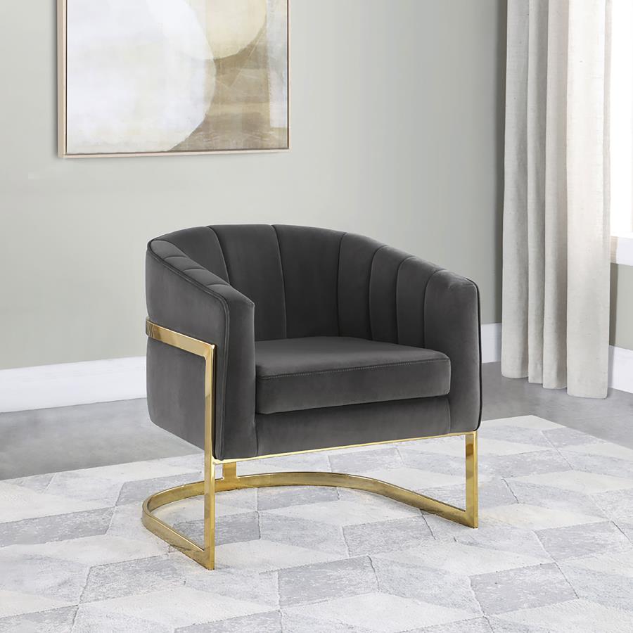 Fauteuil d'appoint cylindrique en velours gris avec pieds dorés