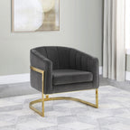 Fauteuil d'appoint cylindrique en velours gris avec pieds dorés