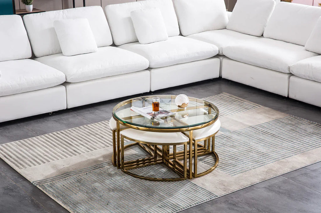 Table basse en verre Alexa avec 4 tabourets