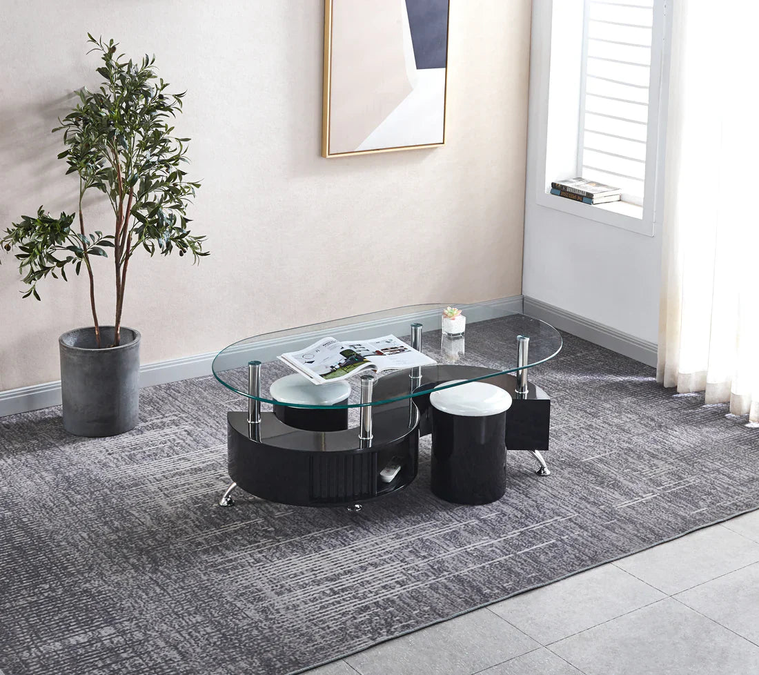 Table basse contemporaine avec 2 tabourets, disponible en 3 coloris.