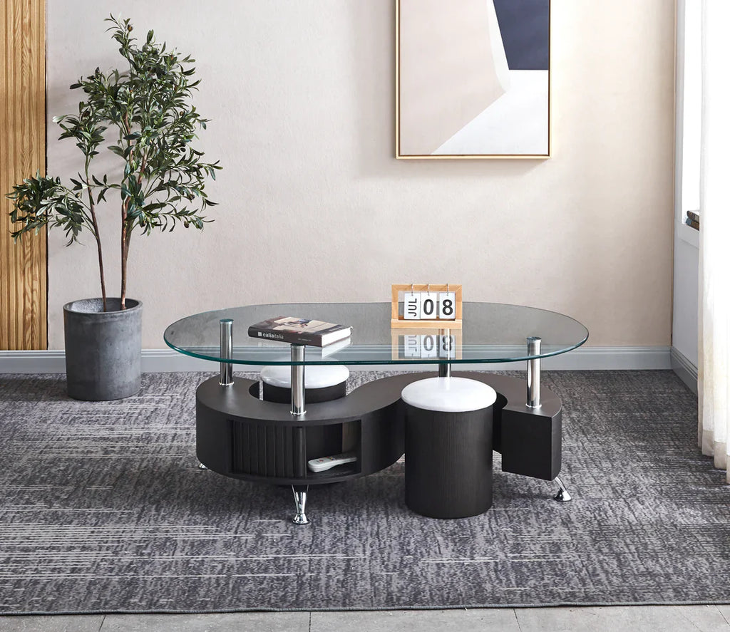 Table basse contemporaine avec 2 tabourets, disponible en 3 coloris.