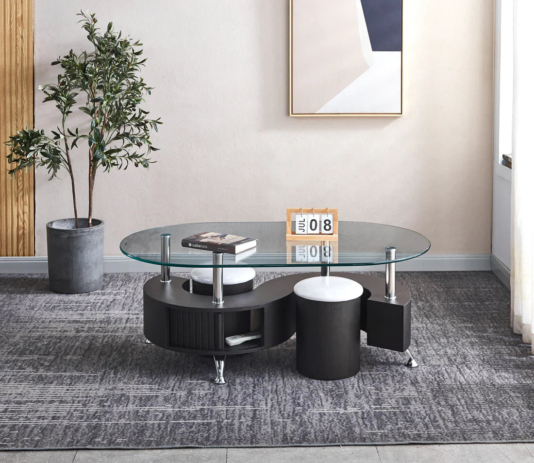 Table basse contemporaine avec 2 tabourets, disponible en 3 coloris.