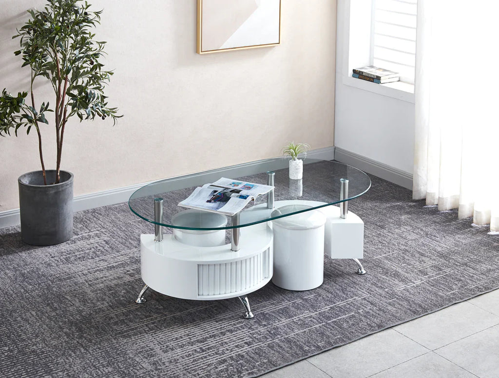 Table basse contemporaine avec 2 tabourets, disponible en 3 coloris.