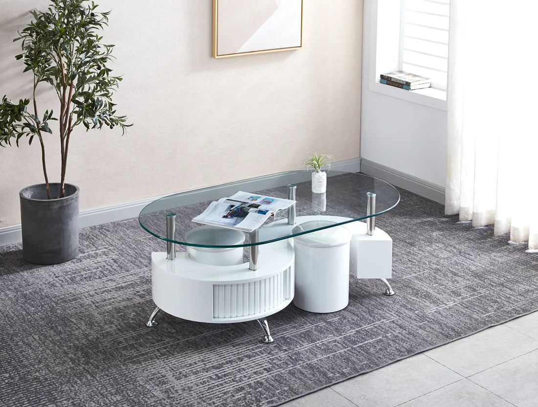 Table basse contemporaine avec 2 tabourets, disponible en 3 coloris.