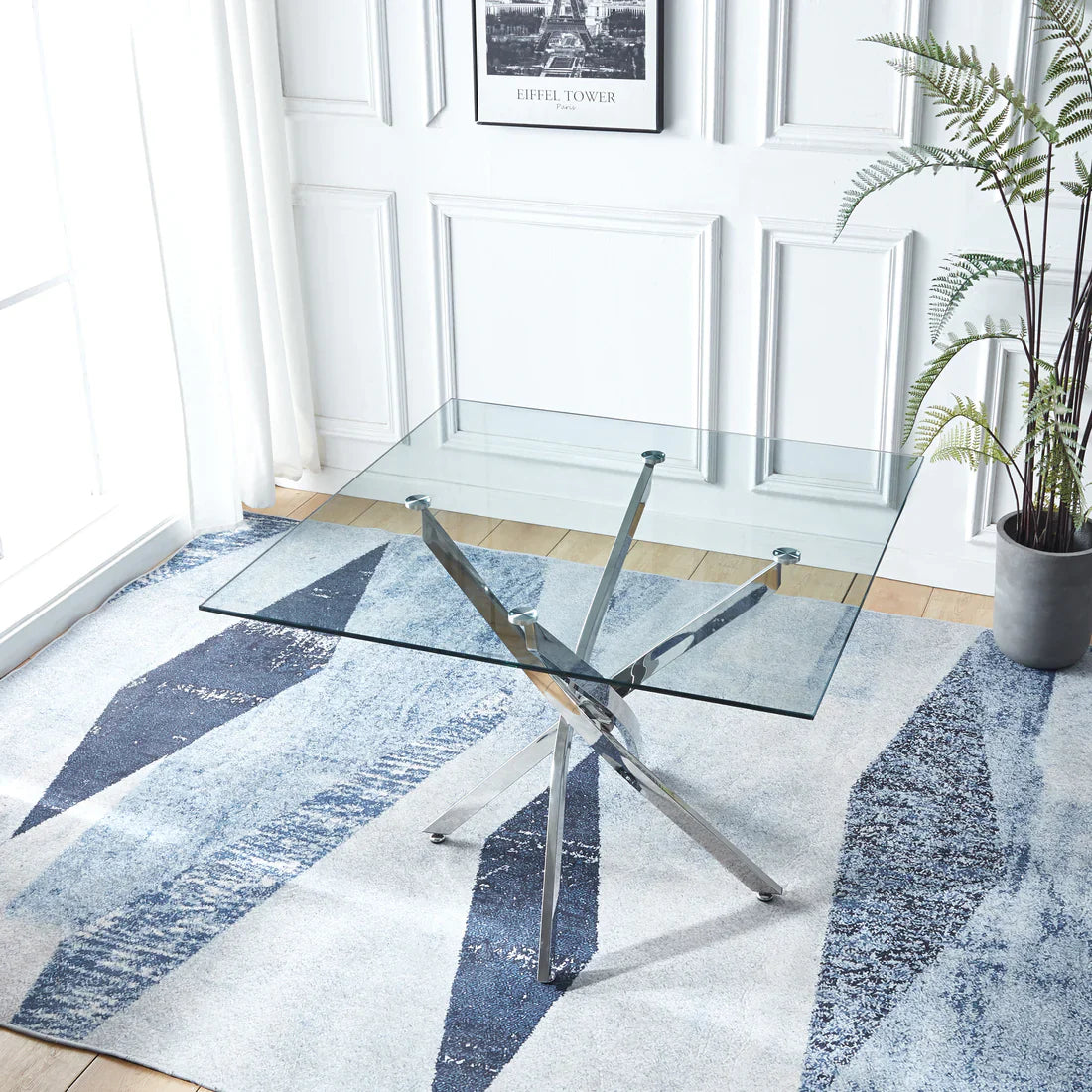 Table de salle à manger carrée en verre Lanie, couleur or ou argent
